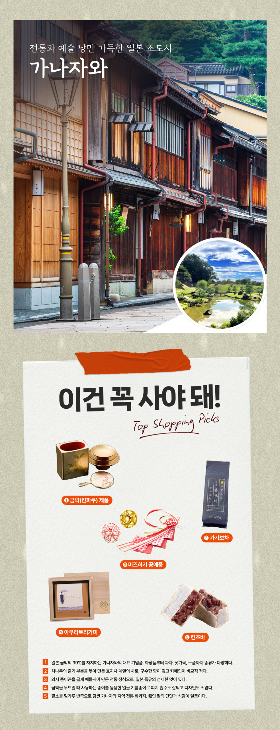 전통과 예술 낭만 가득한 일본 소도시 가나자와 이건꼭사아돼 1. 금박(킨파쿠) 제품 2. 가가보차 3. 미즈히키 공예품 4. 아부라토리가미 5.킨츠바 